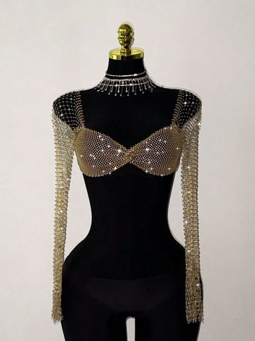 Sexy Rhinestone Mesh Long Sleeve Top For Women Gold Hollow Out Fishnet Shrug Sparkling Party Nightclub Fashion Top
