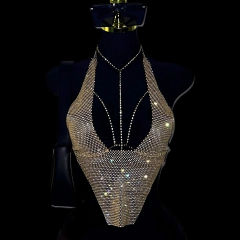 Top da Donna Sexy Senza Schiena all'Americana con Strass in Maglia Metallica Gilet Corto Festa Discoteca Scintillante Scollo a V Profondo