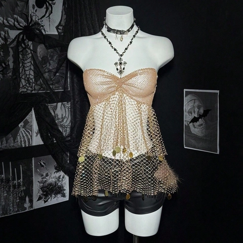 Damen Sexy Strass Fischnetz Schlauch-Top Metallgewebe Spleißen Gold Funkelnde Pailletten Camisole Party Strand Clubwear Weste