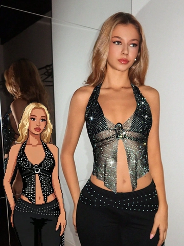 Sexy Orecchini Halter Neck Gilet Per Donna Scintillante Anello In Metallo Senza Schienale Discoteca Festa Festival Musicale Crop Top Nero