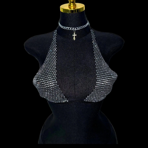 Top Donna Sexy con Strass a Scollo all'Americana Senza Schienale Mesh Argento Luccicante Diamante Cami Top per Festa Clubwear