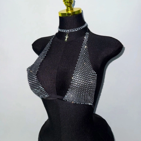 Top Donna Sexy con Strass a Scollo all'Americana Senza Schienale Mesh Argento Luccicante Diamante Cami Top per Festa Clubwear