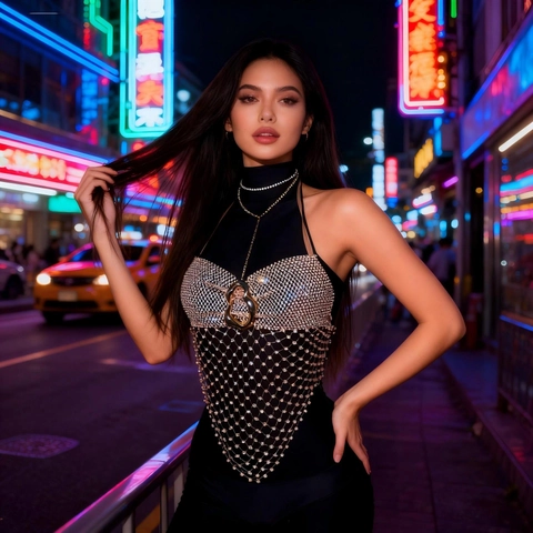 Damen Sexy Strass Ausschnitt Halter Top Gold Legierung Schnalle Metall Mesh Weste Für Musik Festival Party Club Mode