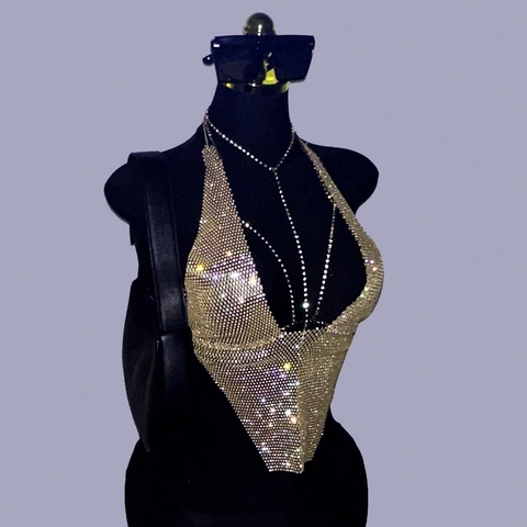Top da Donna Sexy Senza Schiena all'Americana con Strass in Maglia Metallica Gilet Corto Festa Discoteca Scintillante Scollo a V Profondo