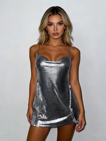 Vestito Mini da Donna Sexy Argento Metallizzato con Paillettes Scollo a Cappuccio Schiena Scoperta Clubwear Festa Sera