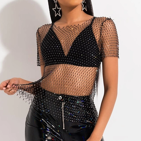 Top de Rejilla Sexy para Mujer con Diamantes de Imitación Camiseta de Malla Transparente Manga Corta Blusa de Cristal Brillante para Fiesta Rave
