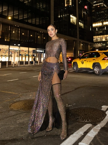 Top Corto Sexy de Manga Larga de Malla con Diamantes de Imitación para Mujer Transparente Brillante de Rejilla para Fiesta