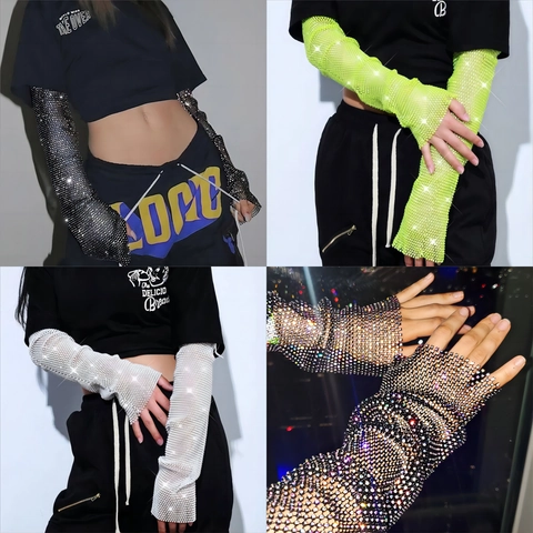 Women Sexy Sparkly Rhinestone Mesh Arm Sleeves Nightclub Party Long Fingerless Gloves Elbow Length Fishnet Sleeve Accessory