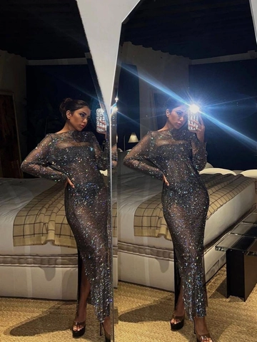 Dames Sexy Mesh Strass Bodycon Maxi Jurk Lange Mouw Doorschijnend Sprankelend Nachtclub Feest Hoge Split Lange Jurk
