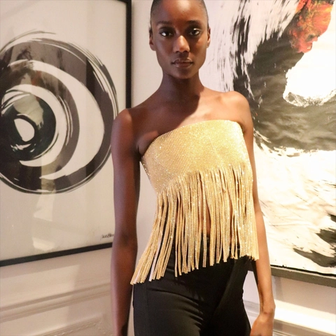 Women Sexy Rhinestone Tassel Tube Top Strapless Metal Mesh Fringe Bandage Wrap Top Club Party Performance Wear