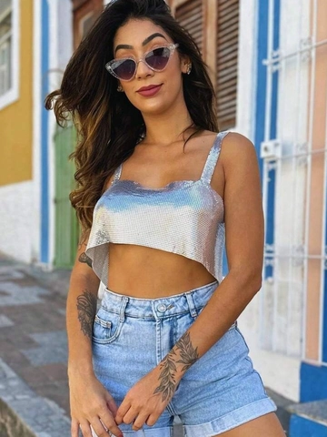 Dames Sexy Metalen Gaas Pailletten Halter Crop Top Rugloos Nachtclub Party Sprankelende Cami Top Disco Outfit