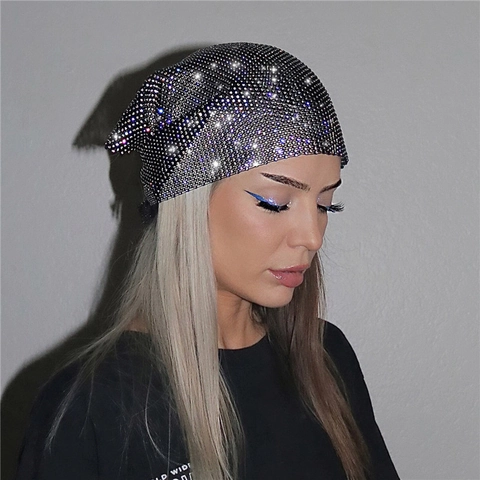 Women Sexy Rhinestone Mesh Headband Cap Party Rave Music Festival Sparkly Crystal Headscarf Polyester Mesh Arm Sleeves Set
