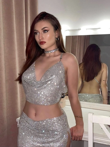 Sexy Donna Strass Metallo Mesh Halter Crop Top Paillettes Scintillanti Profondo Scollo a V Schiena Scoperta Party Nightclub Top