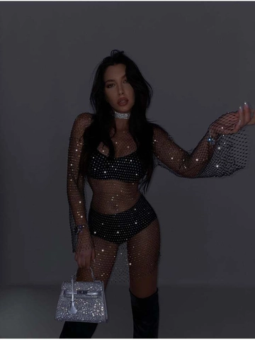 Vestido de Malla con Diamantes de Imitación Sexy para Mujer Diseño Hueco Perspectiva Cubierta de Playa Manga Larga Clubwear Fiesta Mini Vestido Top