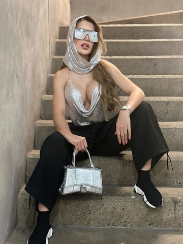 Dames Sexy Metalen Gaas Pailletten Haltertop Met Capuchon Rugloos Crop Vest En Bijpassende Hoofddoek Set Y2K Party Outfit