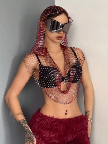 Canotta da Donna Sexy a Rete Con Cappuccio Con Strass e Paillettes Gilet Traforato Senza Maniche per Festival Musicale Party Club Wear