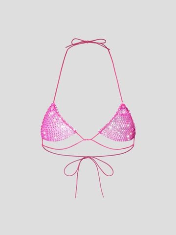 Top Bikini da Donna Sexy Rosa Rosso con Strass Allacciatura Halter Coppa a Triangolo Scintillante Beach Party Mesh Crop Top