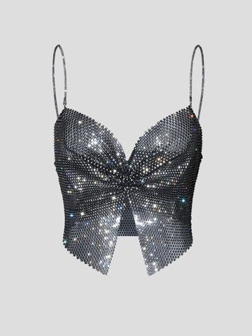Women Sexy Rhinestone Butterfly Crop Top Deep V Neck Sparkly Mesh Camisole Party Clubwear Backless Chain Strap Tank Top