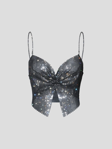 Women Sexy Rhinestone Butterfly Crop Top Deep V Neck Sparkly Mesh Camisole Party Clubwear Backless Chain Strap Tank Top