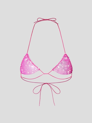 Top Bikini da Donna Sexy Rosa Rosso con Strass Allacciatura Halter Coppa a Triangolo Scintillante Beach Party Mesh Crop Top