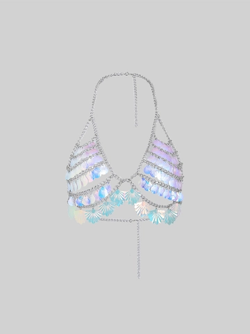 Irisierende Muschel Pailletten Neckholder Top Sexy Metallkette Körperkette Meerjungfrau Strand Party Clubwear Ärmelloses Crop Top