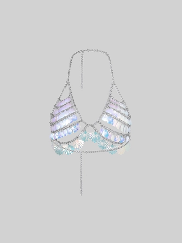 Irisierende Muschel Pailletten Neckholder Top Sexy Metallkette Körperkette Meerjungfrau Strand Party Clubwear Ärmelloses Crop Top