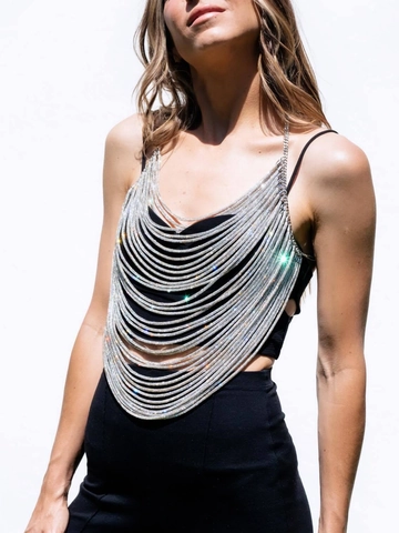 Canotta da Donna Sexy con Scollo all'Americana e Schiena Scoperta Catena per il Corpo Argento Strass Catena in Metallo