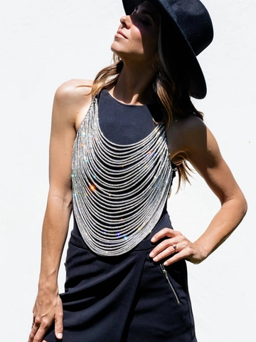 Canotta da Donna Sexy con Scollo all'Americana e Schiena Scoperta Catena per il Corpo Argento Strass Catena in Metallo