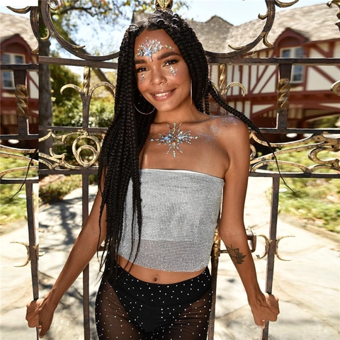 Women Sexy Rhinestone Metal Mesh Camisole Top Adjustable Chain Straps Sparkly Crop Top For Party Club Music Festival