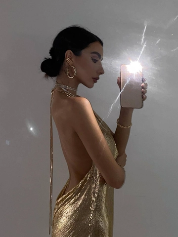 Sexy Backless Halter Neck Metal Mesh Mini Dress Shiny Sequin Chainmail Party Nightclub Rave Outfits For Women