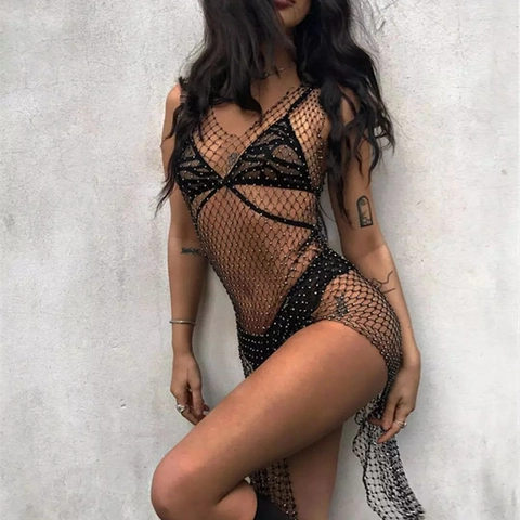 Dames Sexy Strass Visnet Mesh Jurk Mouwloos Hollow Out V-hals Ronde Hals Zijsplit Feest Strand Clubwear Cover Up