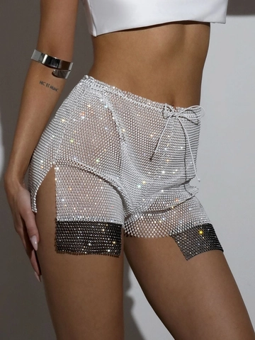 Pantalones Cortos de Malla con Cintura Alta y Diamantes de Imitación Cordón Sexy Bikini Cover Up Rave Party Clubwear Pantalones Cortos de Red Brillantes para Mujer