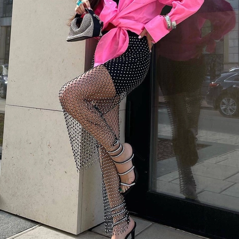 Pantaloni a Rete da Donna Sexy con Strass Vita Alta Traforati a Gamba Dritta Pantaloni di Cristallo Luccicanti per Party Club Streetwear