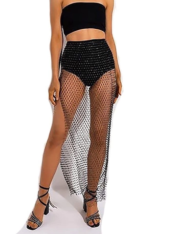 Damen Sexy Mesh Strass Strand Überwurf Rock Glitzer Aushöhlen Midi Fischerkork Rock Für Sommer Urlaub Party