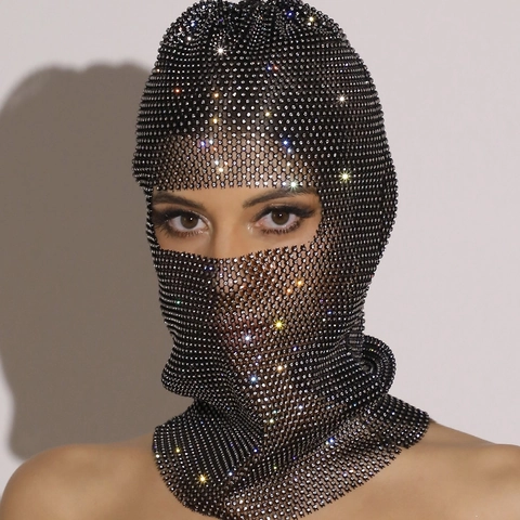 Pasamontañas de Lujo de Malla de Strass para Mujeres Hombres Máscara Facial de Cristal Brillante Tocado de Red Hueca para Festival Fiesta Club Carnaval Accesorios