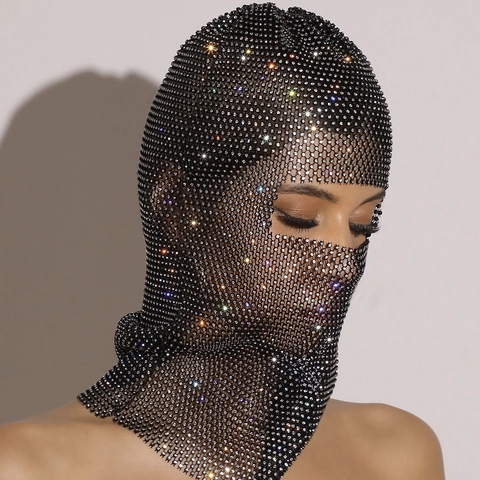 Pasamontañas de Lujo de Malla de Strass para Mujeres Hombres Máscara Facial de Cristal Brillante Tocado de Red Hueca para Festival Fiesta Club Carnaval Accesorios