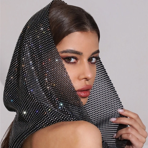 Donna Sexy Strass Maglia Cappuccio Foulard Scintillante Cristallo Party Discoteca Svotato Griglia Copricapo Cappello Traspirante