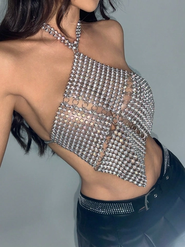 Sexy Silber Strass Halter Top Damen Metall Gitter Diamant Rückenfrei Cami Clubwear Party Crop Top
