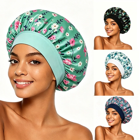 Bonnet de Nuit en Satin Floral pour Femmes Bande Élastique Large Soin des Cheveux Couvre-Chef Soyeux pour Sommeil Bain Maison