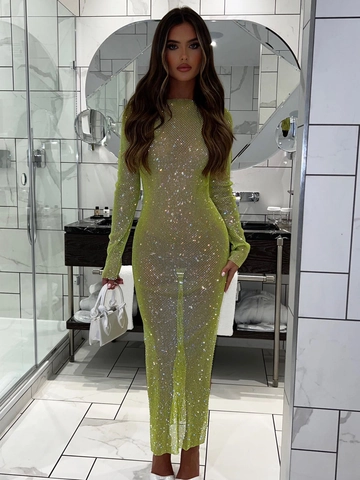 Damen Sexy Strass Mesh Maxikleid Langarm Hohl Aus Bodycon Nachtclub Party Hochgeschlitzt Lange Kleider