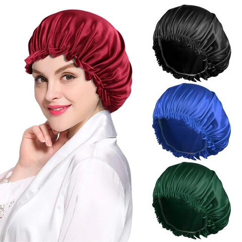 Women Satin Sleep Bonnet Adjustable Elastic Ruffle Nightcap Hair Care Hat Solid Color Soft Faux Silk Head Wrap For Sleeping
