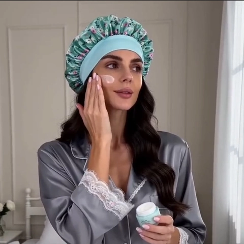 Bonnet de Nuit en Satin Floral pour Femmes Bande Élastique Large Soin des Cheveux Couvre-Chef Soyeux pour Sommeil Bain Maison