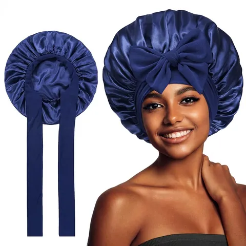 Cuffia da Notte in Raso per Donna Grande Fiocco Nastro Elastico Cura dei Capelli Cappello Morbido Avvolgi Testa Protezione Capelli