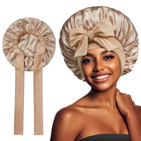 Cuffia da Notte in Raso con Grande Fiocco da Donna Simil Seta Protezione Capelli con Ampia Fascia Elastica Regolabile