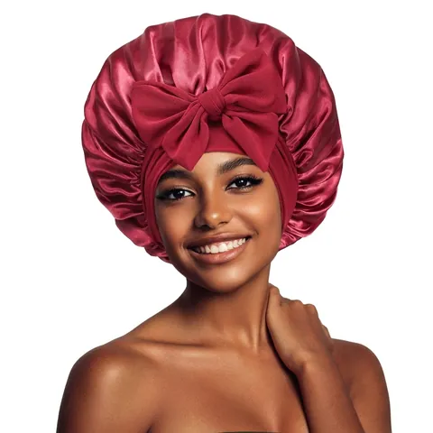 Large Satin Sleep Bonnet For Women Soft Silk Like Night Cap With Bow Knot Elastic Hair Protection Bonnet For Sleeping