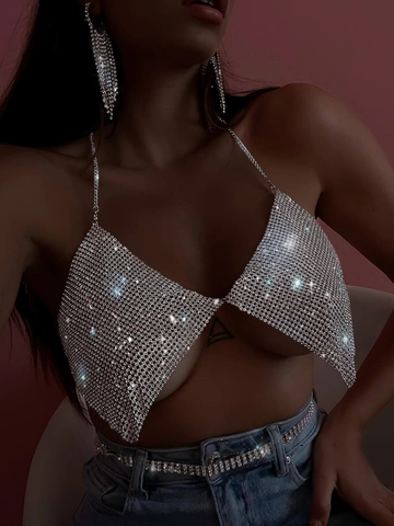 Top Halter de Lujo con Cristales para Mujer Malla Metálica Espalda Descubierta Cadena de Diamantes Brillantes Cami Top Fiesta Discoteca Sexy Crop Top