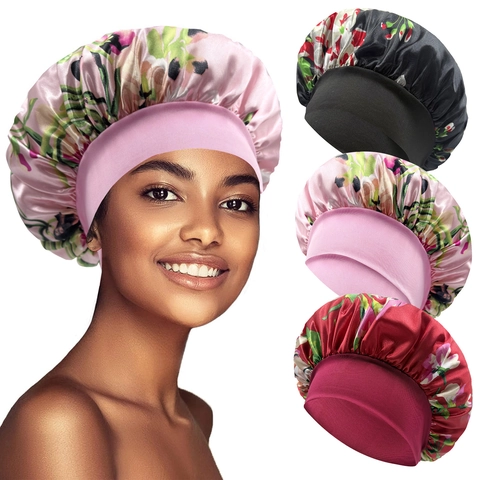 Cuffia da Notte in Raso con Stampa Floreale per Donna Con Fascia Elastica Larga per Protezione Capelli Stampa Botanica Morbida