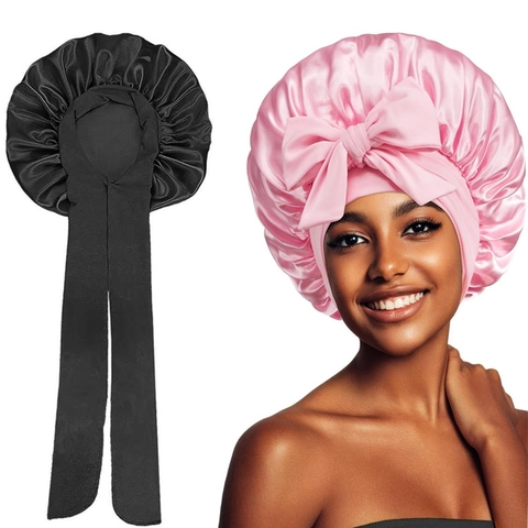 Gorro de Noche de Satén Grande para Mujer Con Lazo Cintas Borde Ancho Elástico Gorro para el Cuidado del Cabello Envoltura de Cabeza