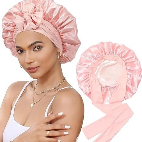 Gorro de Dormir de Satén de Doble Capa para Mujer Con Cinta Larga Ajustable Reversible Gorro de Pelo Cuidado del Cabello