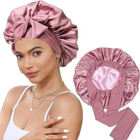 Gorro de Dormir de Satén de Doble Capa para Mujer Con Cinta Larga Ajustable Reversible Gorro de Pelo Cuidado del Cabello